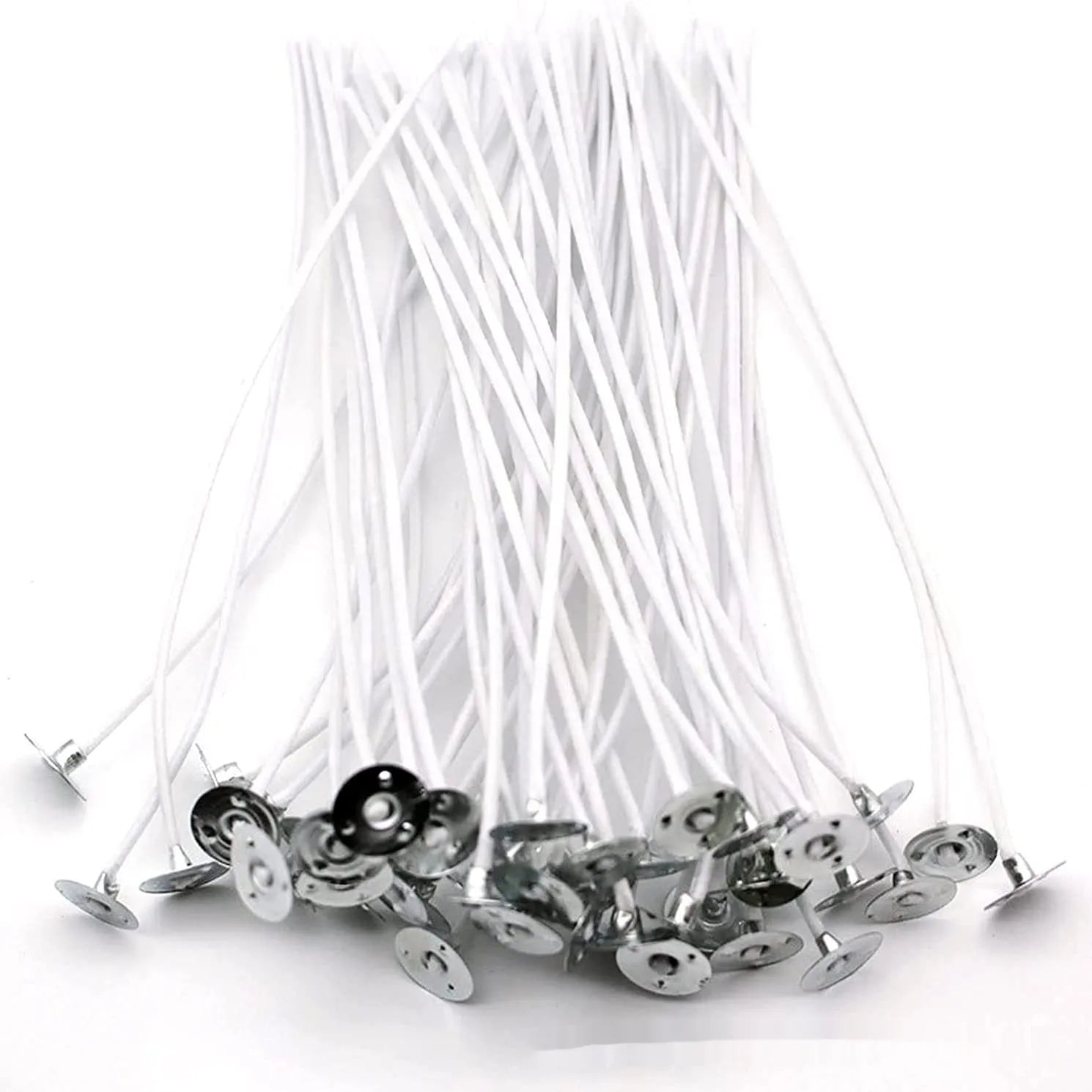 White cotton candle wicks in three lengths: 2.6cm, 6cm, and 8cm for DIY candle making