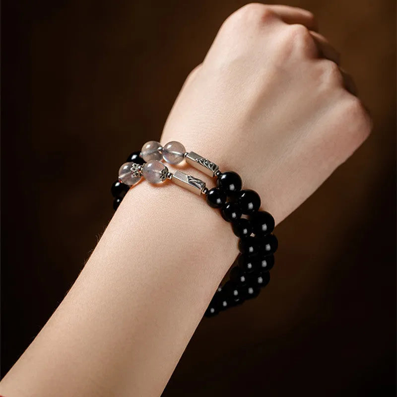 Black obsidian Buddha beads couple bracelets with 8mm and 10mm beads on adjustable cords