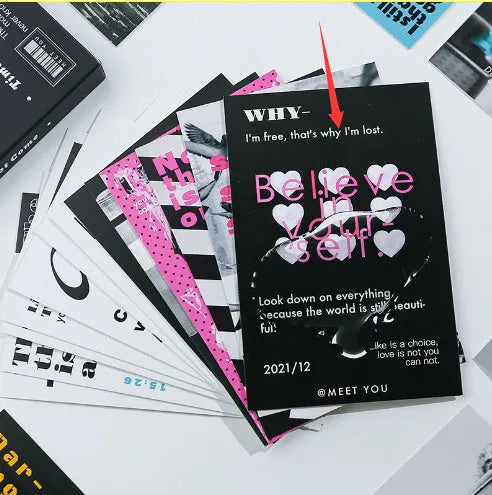 Box of fresh-style printed postcards showing the two design models for gift messages.