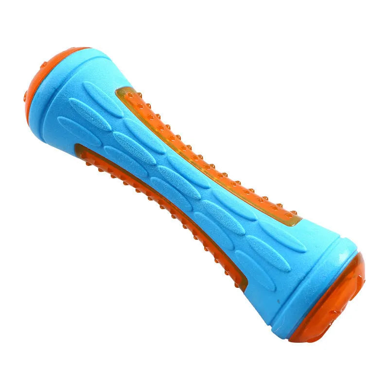 Set of four colourful floating dog toys: a ball, a barbell, and two tyres on a blue background.