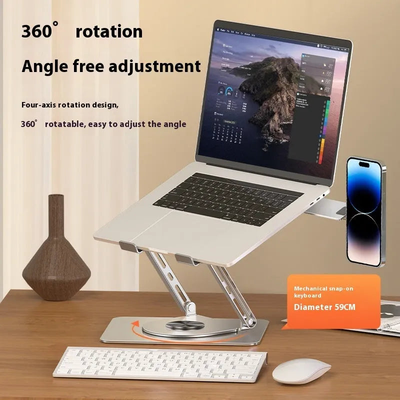 Silver carbon steel laptop stand with rotating base and side-mounted magnetic phone holder for devices up to 17 inches