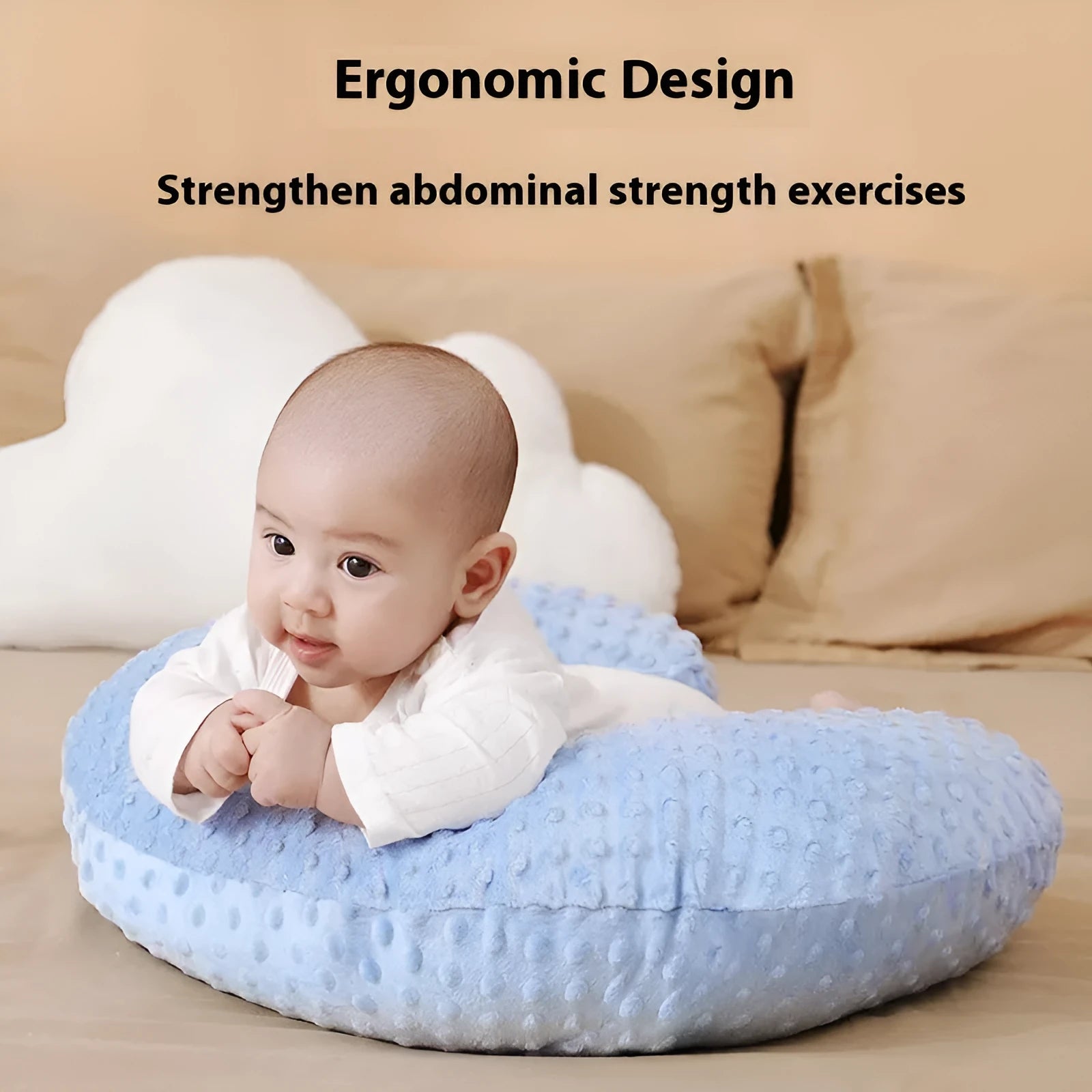 Split-shaped nursing pillow with removable cover in light blue colour for breastfeeding support and spill prevention