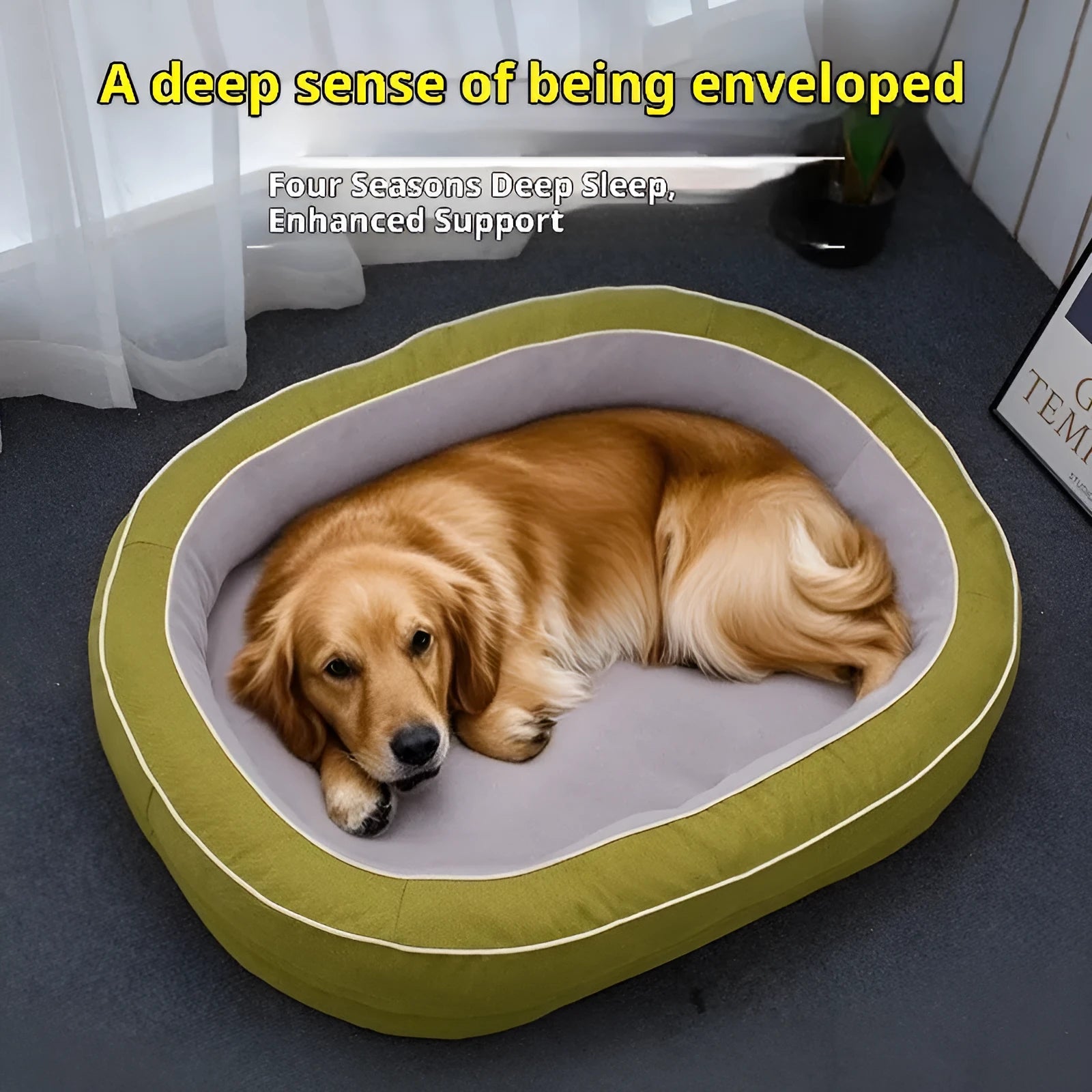 Oval removable cloth pet bed for dogs in green, available in S, M, L sizes