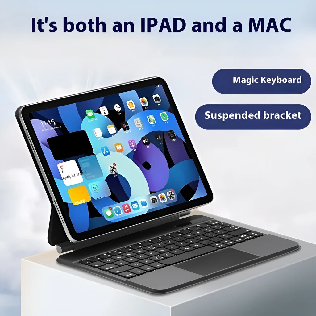 Suspension Magic Control wireless Bluetooth keyboard magnetically attached to 11-inch iPad protective sleeve in chosen colour.