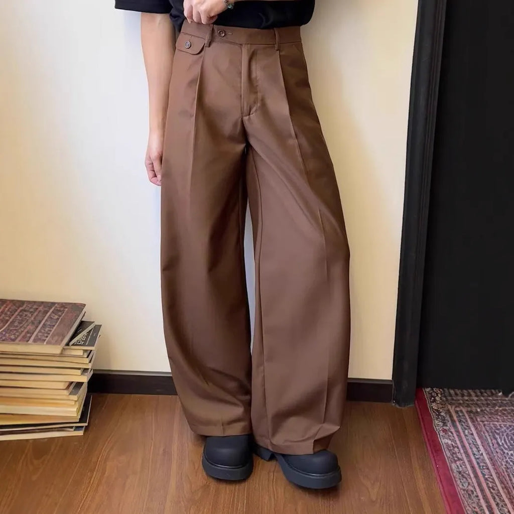 Men's brown straight-leg wide-cut casual trousers with draping silhouette