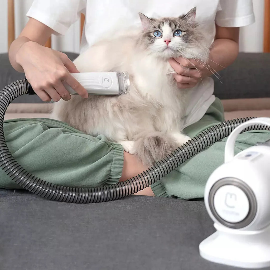 Pet multifunctional groomer in white with hair clipper, electric scissors, and accessories on surface