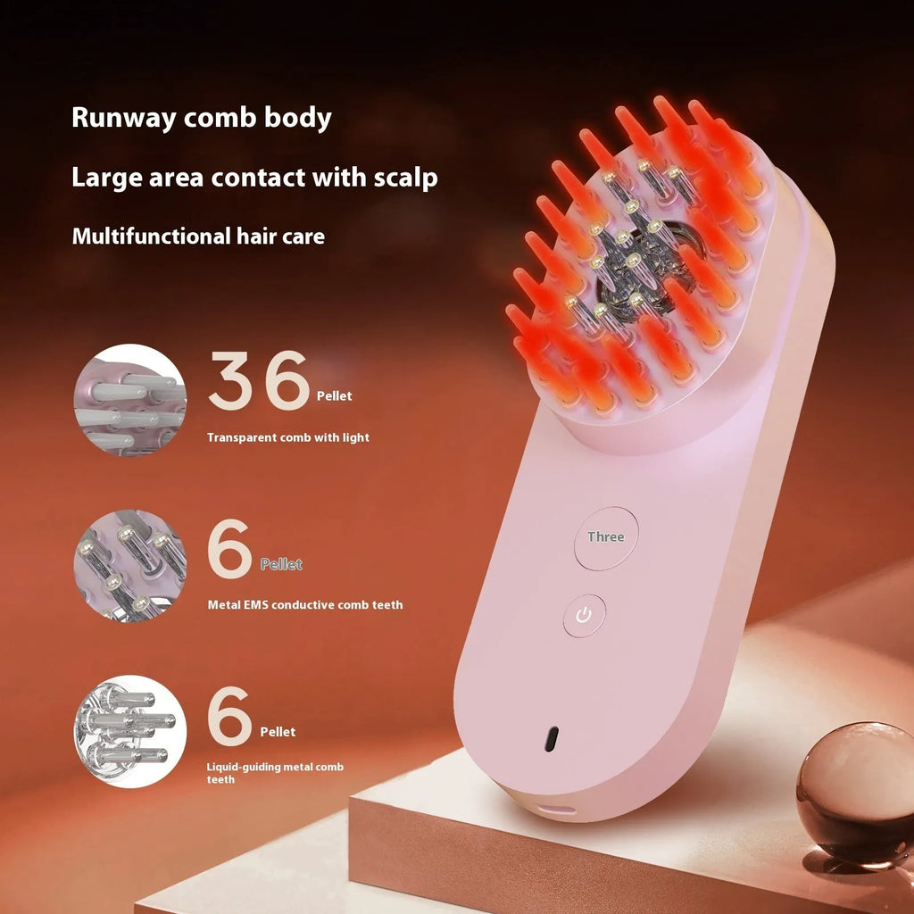 Pink and black smart massage comb with red light therapy for scalp care.