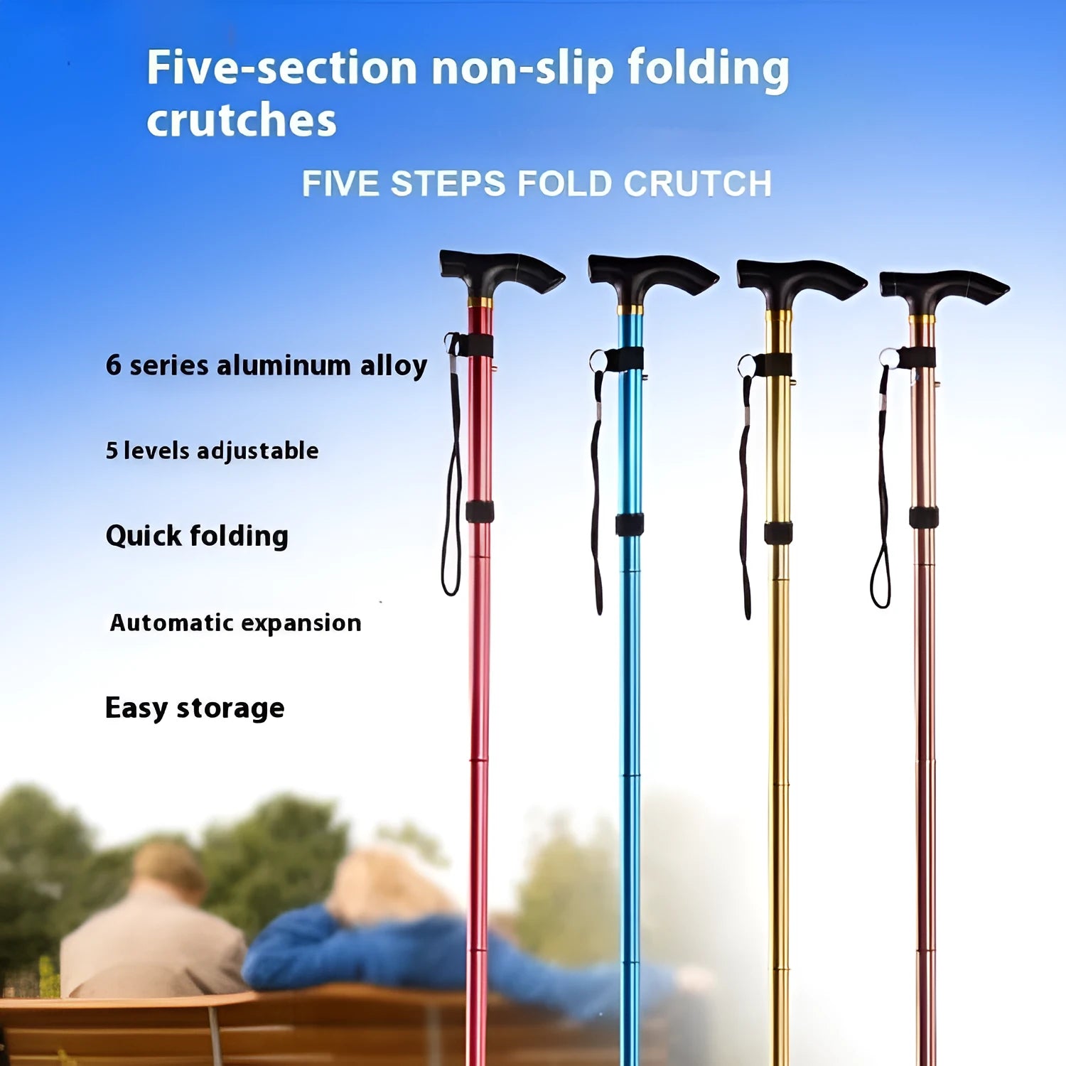 Adjustable aluminium folding walking cane in silver with non-slip rubber foot extended to full height