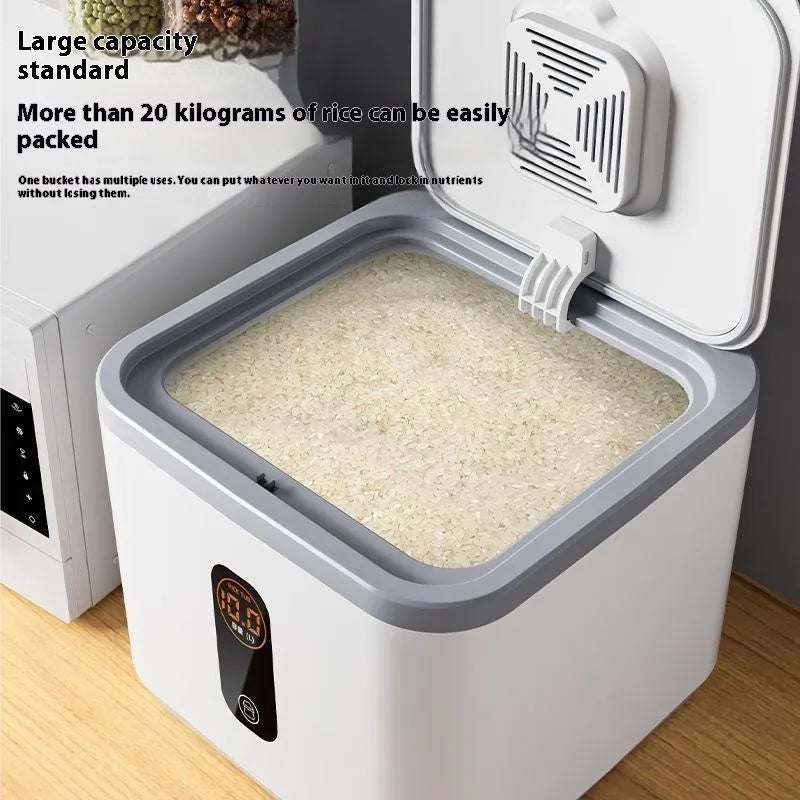 Grey plastic rice storage jar with sealed lid for moisture-proof and insect-proof food protection