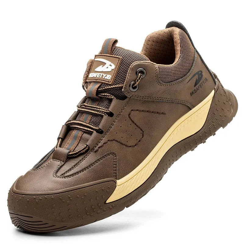 Leather safety work shoes with rubber sole in black colour showing workplace footwear design
