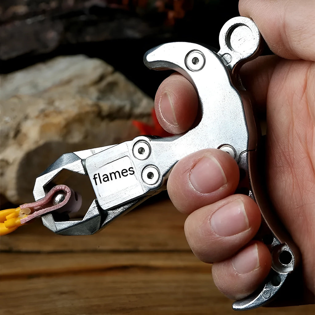 Close-up of a zinc alloy archery release aid showing the harpoon clip and trigger mechanism.