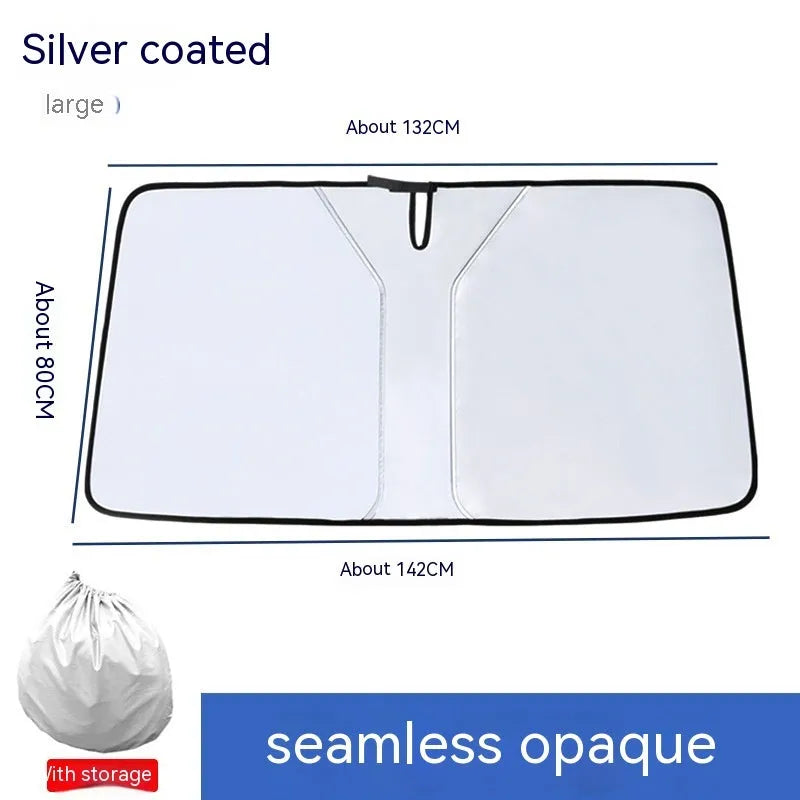 Car front shield sunshade with double elastic loops and titanium silver reflective surface