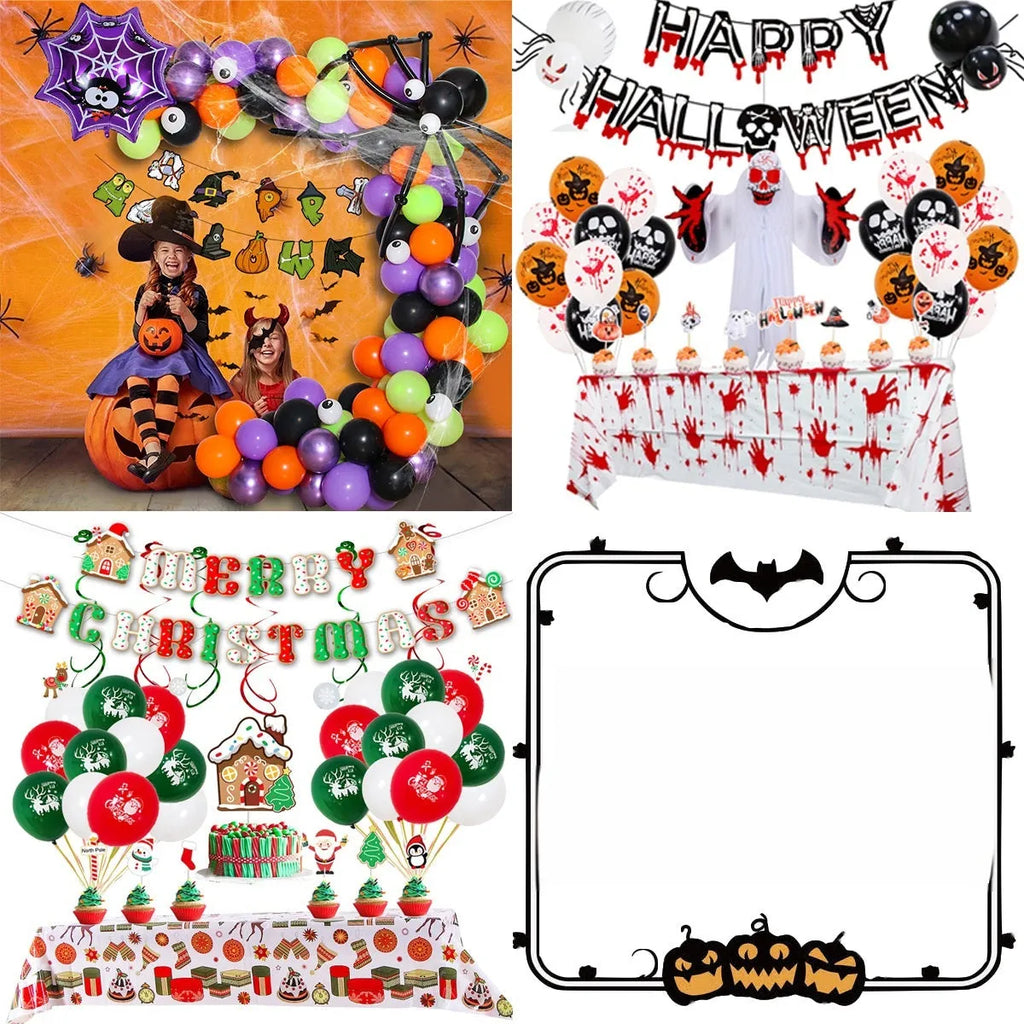 Halloween balloon combo showing white and black skull pumpkin and spider arch latex decorations