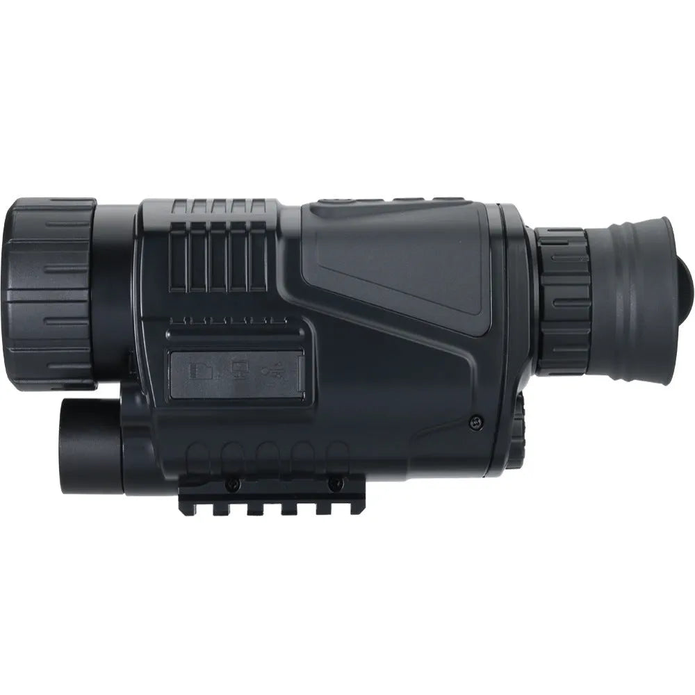 Black digital night vision telescope with rubber coating, 40mm lens, and storage bag for outdoor use.