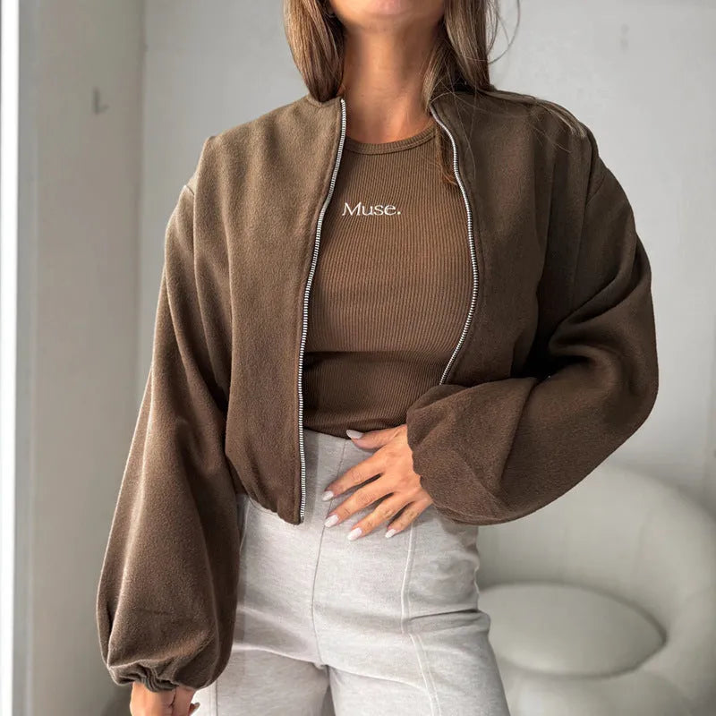 Women's off-shoulder coat with lantern sleeves in brown loose casual style