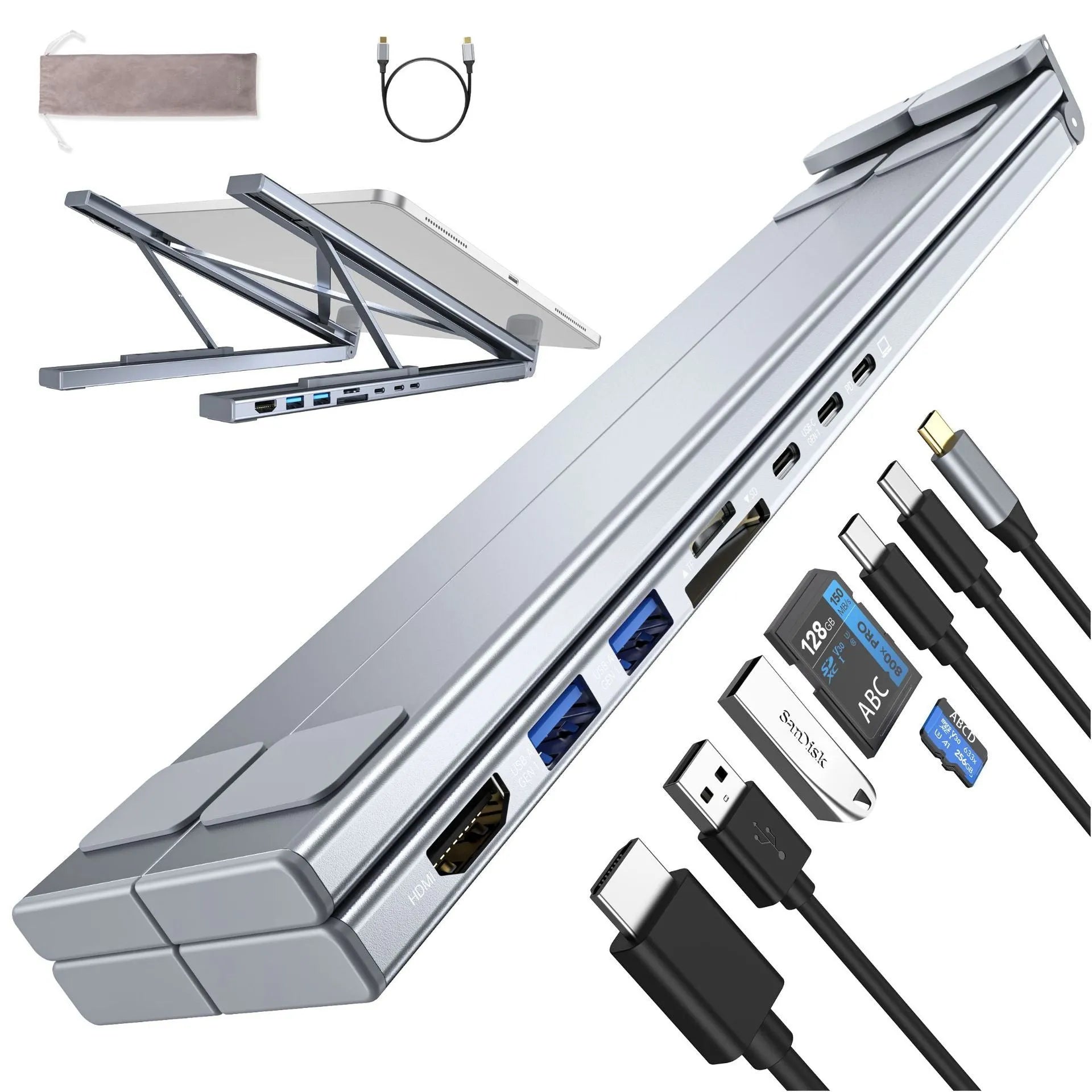 Silver aluminum alloy folding laptop stand with 8-in-1 HDMI docking station ports visible