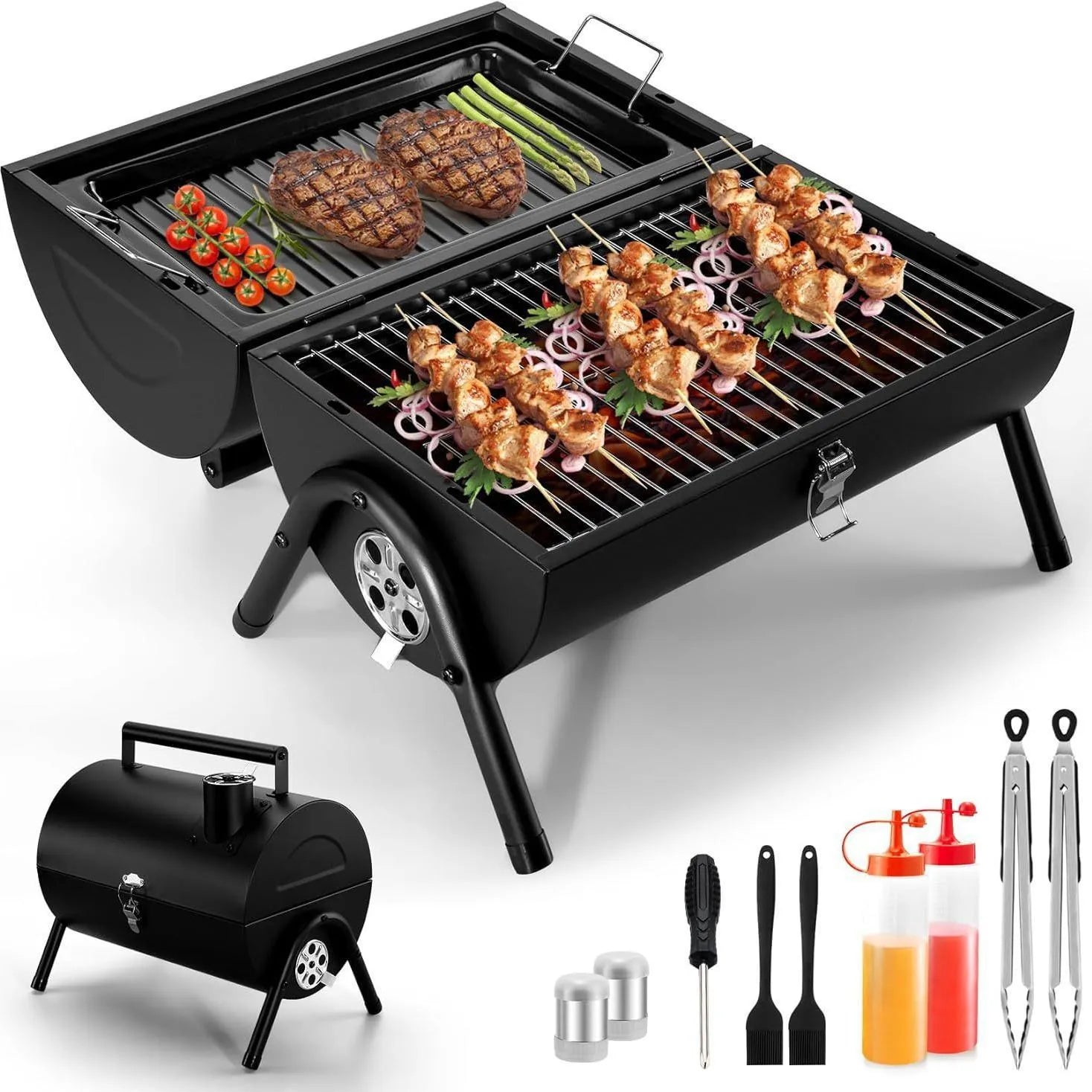 Small folding desktop charcoal barbecue smoking device with portable grill