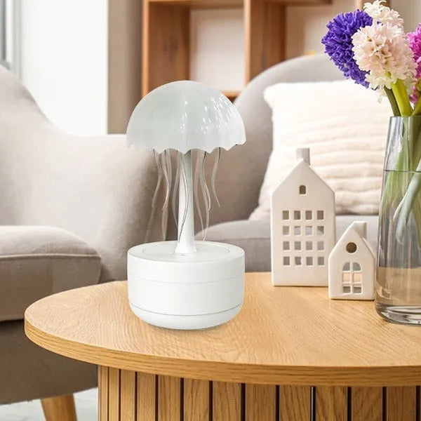 White resin jellyfish humidifier diffuser with 7-colour night light and essential oil tray for bedroom or office desk