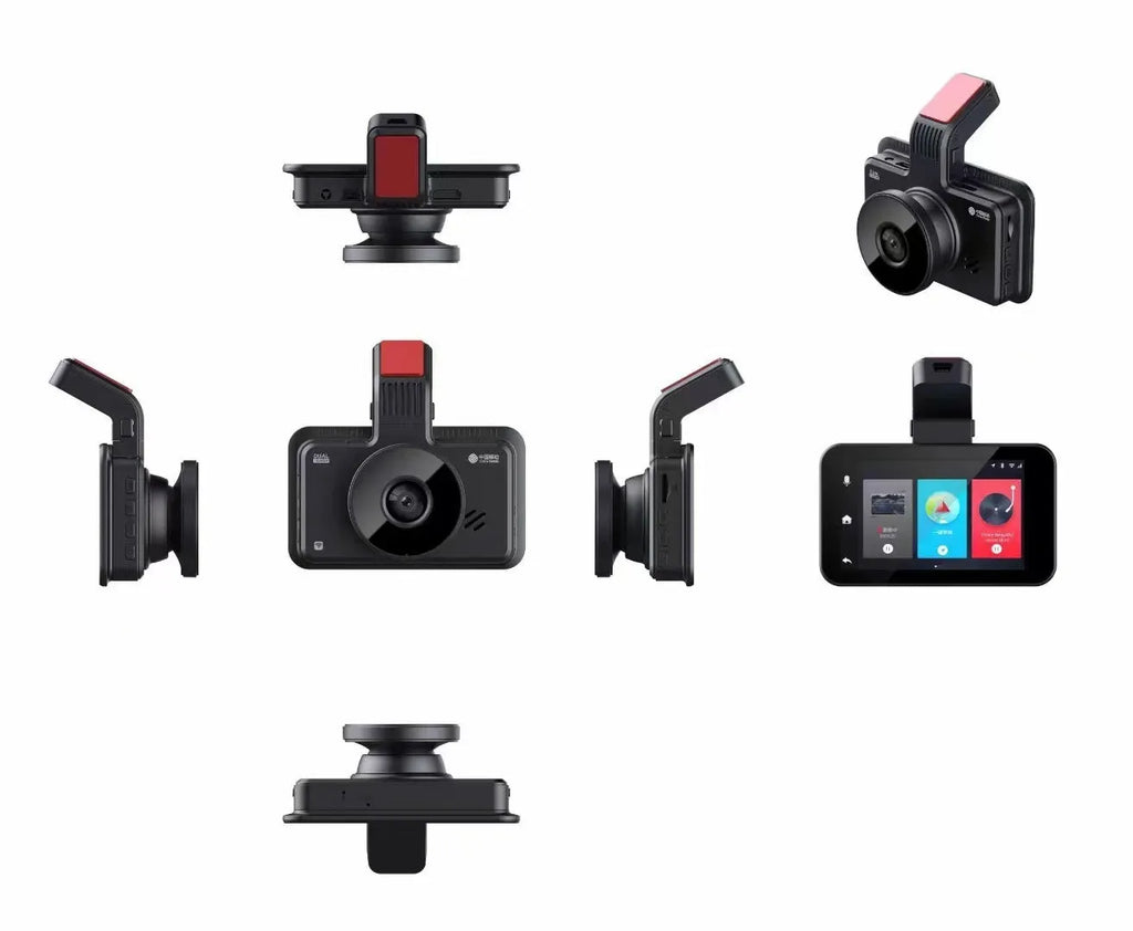 Black 3-inch screen car dash cam with dual lenses for front and rear recording on a car windscreen.