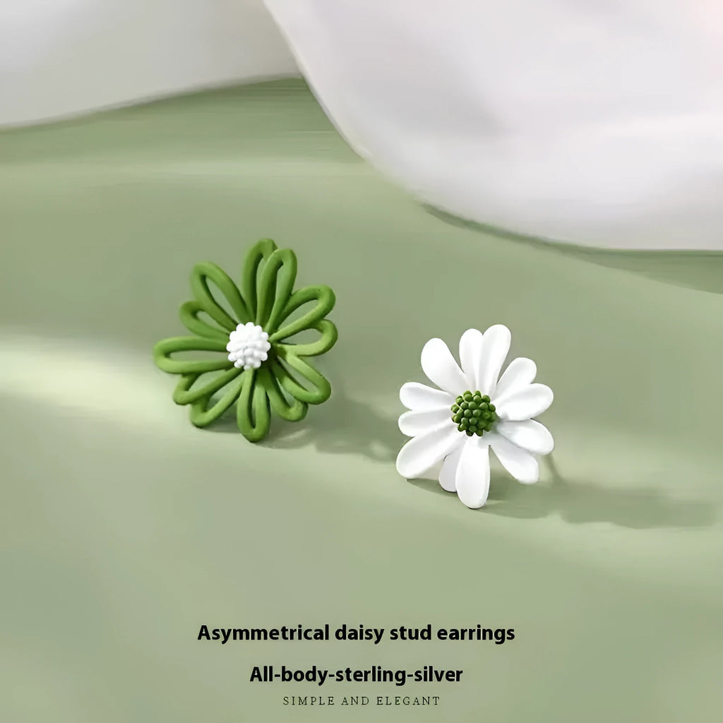Cartoon flower alloy stud earrings in blue and orange, white and green, or yellow and white two-tone colours