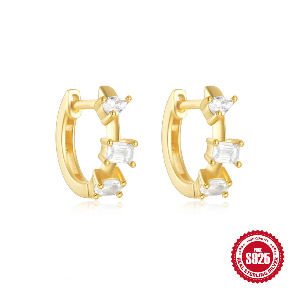 Sterling silver geometric stud earrings with small round diamond drop in gold or silver finish