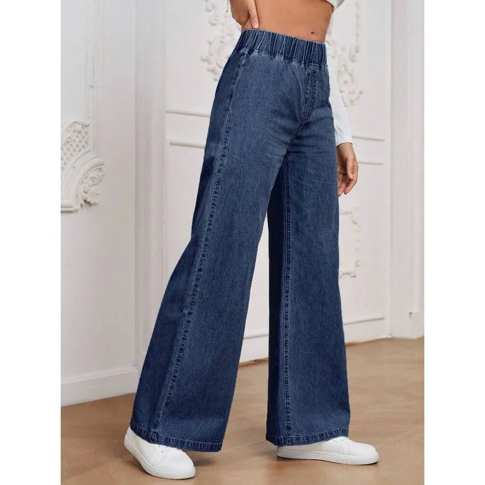 Light blue washed plus size wide-leg denim trousers laid flat showing straight leg silhouette
