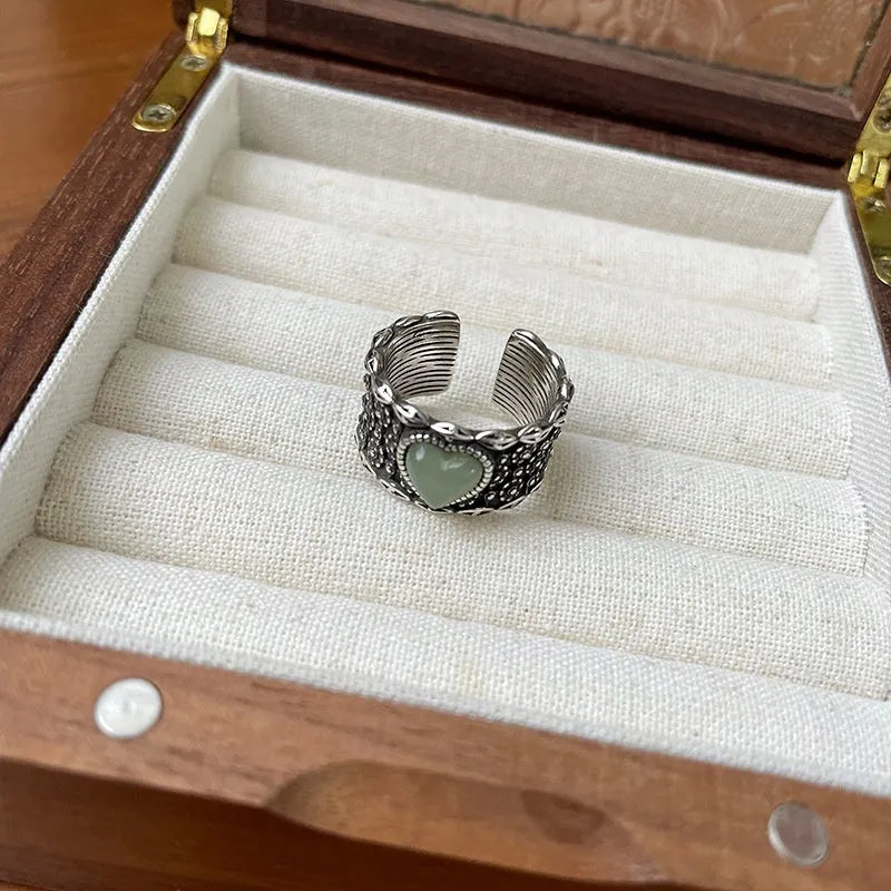 Retro wide-faced white moonlight open heart ring with adjustable opening in silver-plated white copper