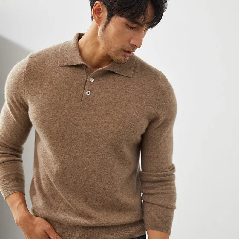 Pure cashmere men's polo collar pullover sweater in loose fit style