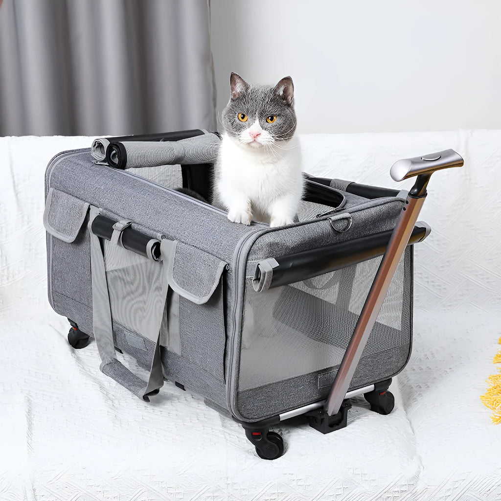 Foldable pet trolley bag in Oxford material with 17.50kg load capacity, solid colour design for cats and small dogs