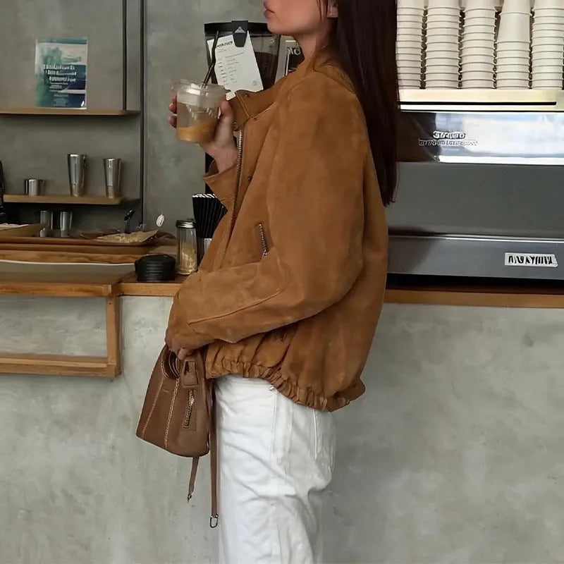 Retro solid colour loose fit polyester jacket in European and American style