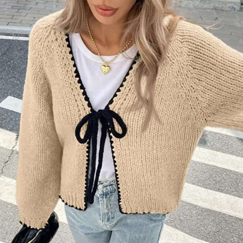 Solid colour lace-up cardigan with crocheted flowers on a polyester loose-fit body for women