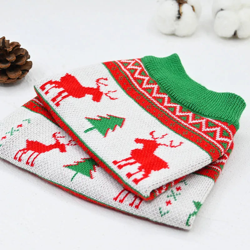 Red wool pet sweater with Snow Elk Christmas design on a white background