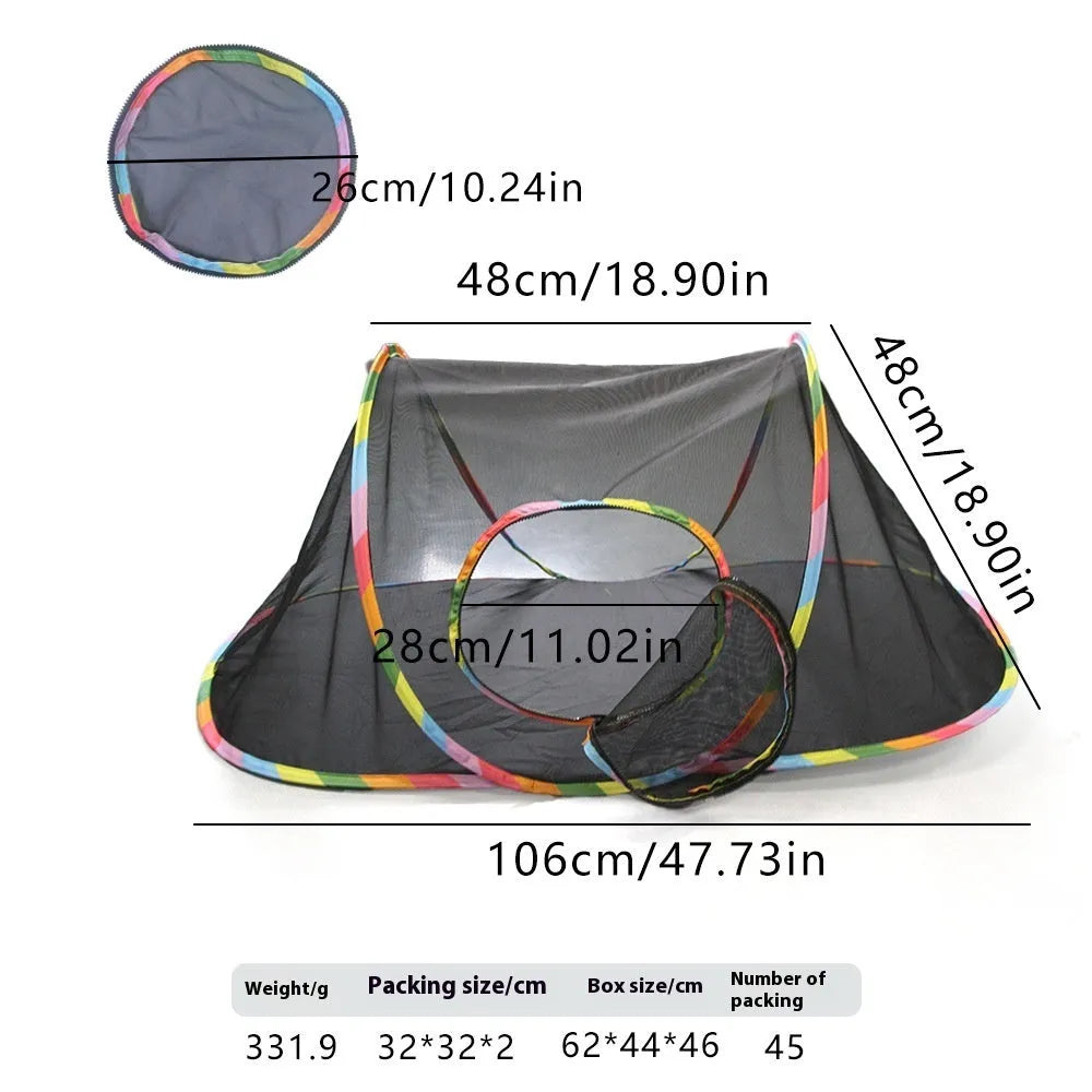 Foldable mesh cat roll cage in hexagonal style, showing breathable fabric and enclosed structure.