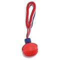Blue natural rubber dog ball with rope attached, measuring 6.5cm in diameter