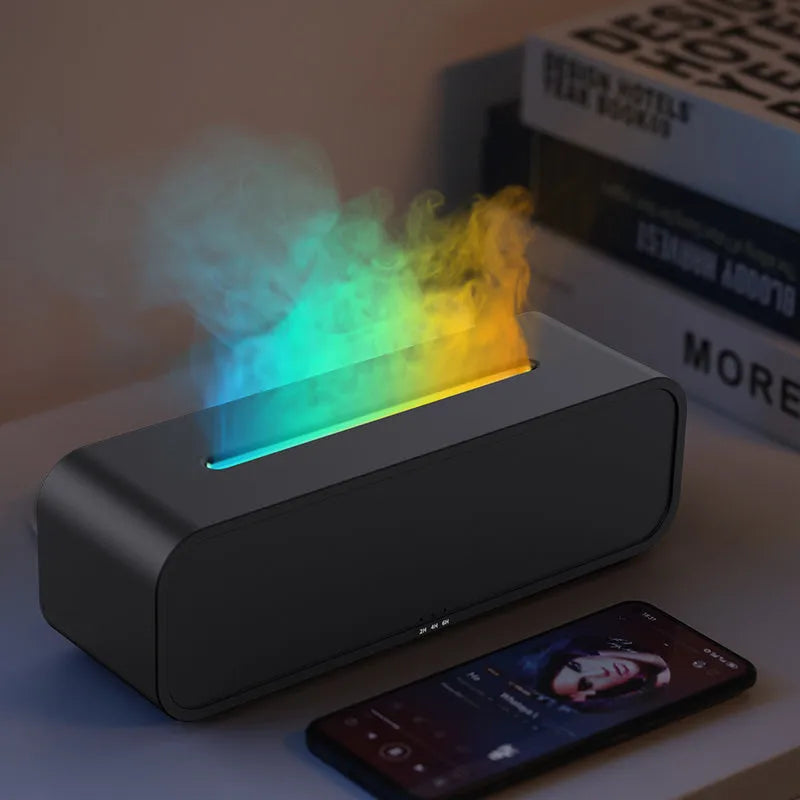 Black flame design aroma diffuser with remote control on a wooden table