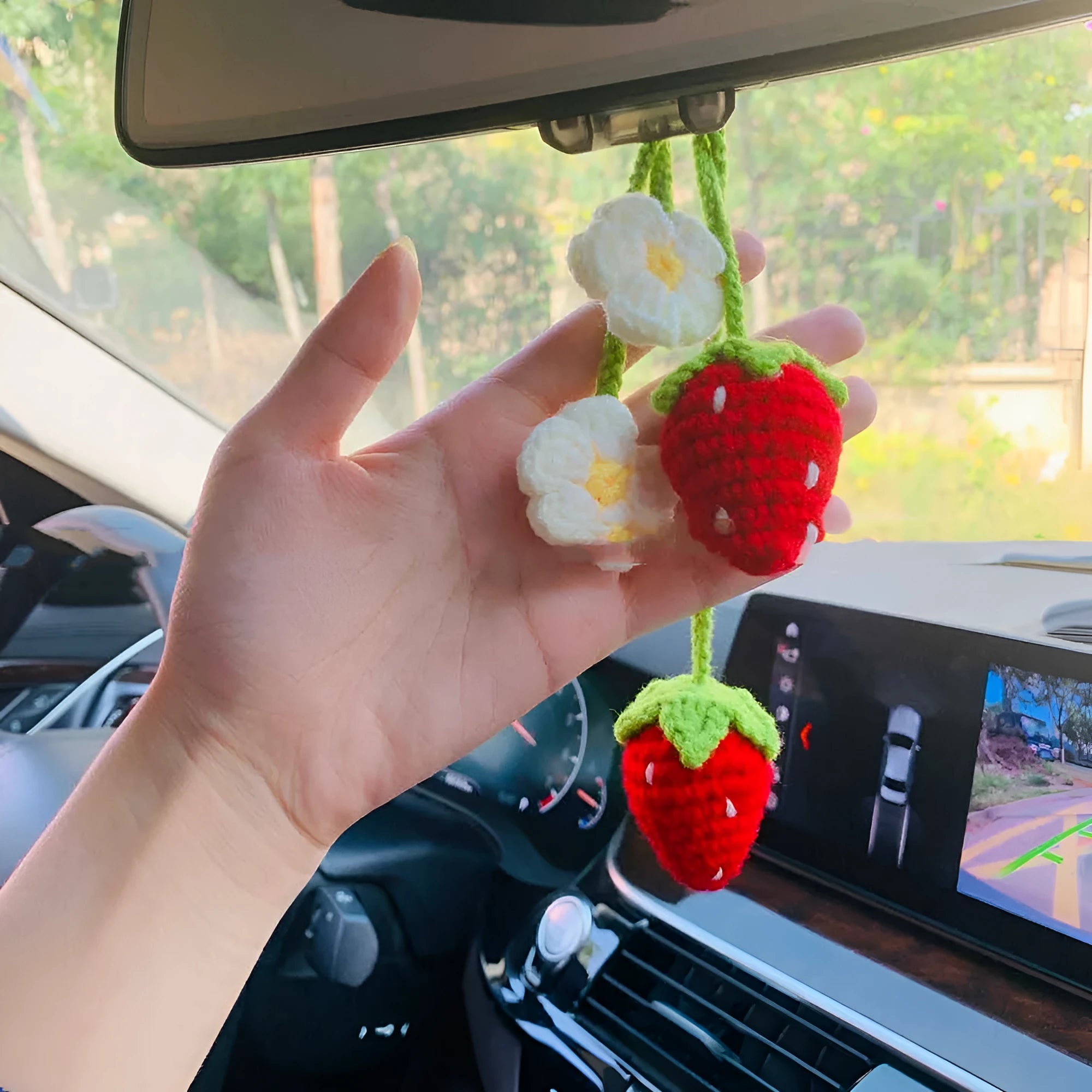 Handmade strawberry-shaped car weaving pendant crafted from cotton and hemp wool using hook knitting techniques