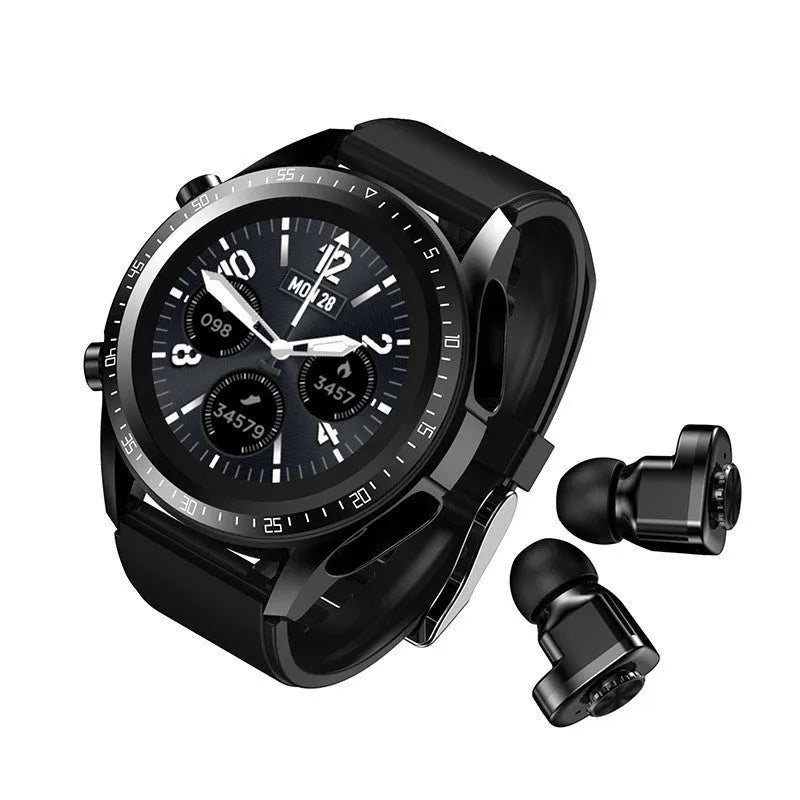 Black smart watch with 1.28-inch screen showing health metrics, paired with wireless TWS earphones