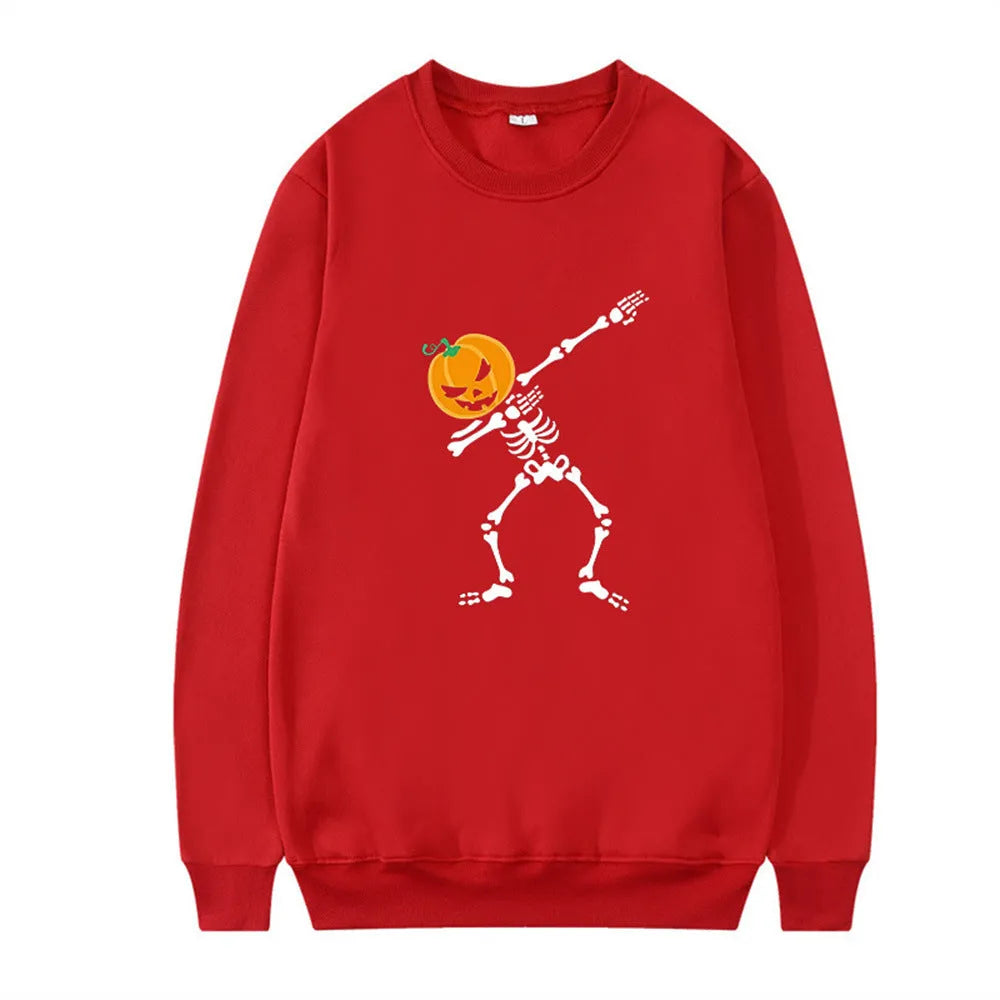 Women's printed long sleeve crew neck top in multiple colours on a size chart background.