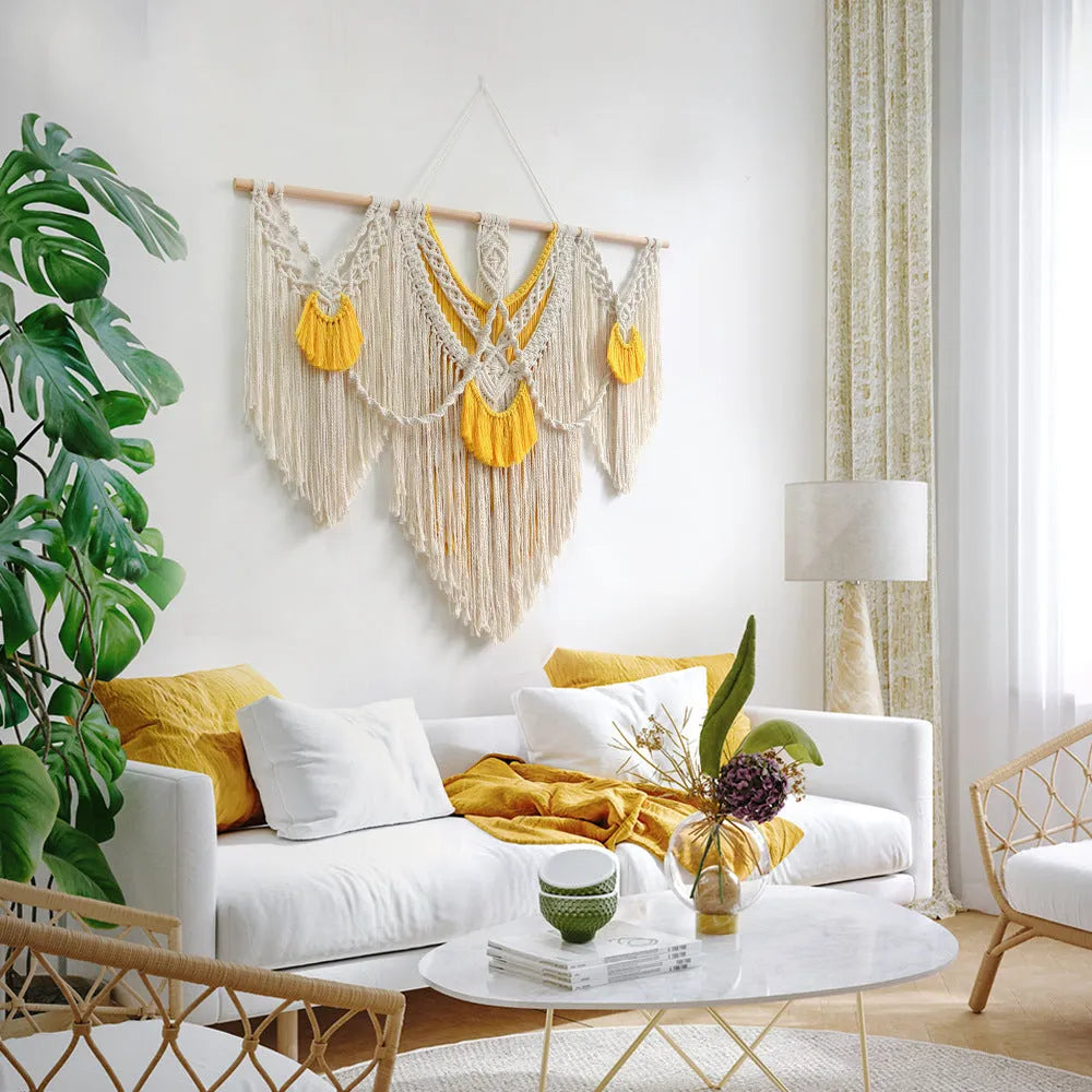 Creamy white rectangular cotton woven tapestry with Nordic style design measuring 120x95cm