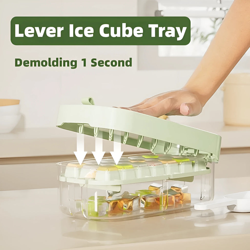 Yellow and blue flexible plastic ice cube trays with grid pattern and a stored ice shovel