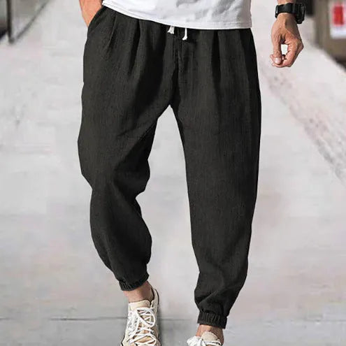 Men's casual loose cotton ankle banded trousers in khaki, summer style with elasticated waist