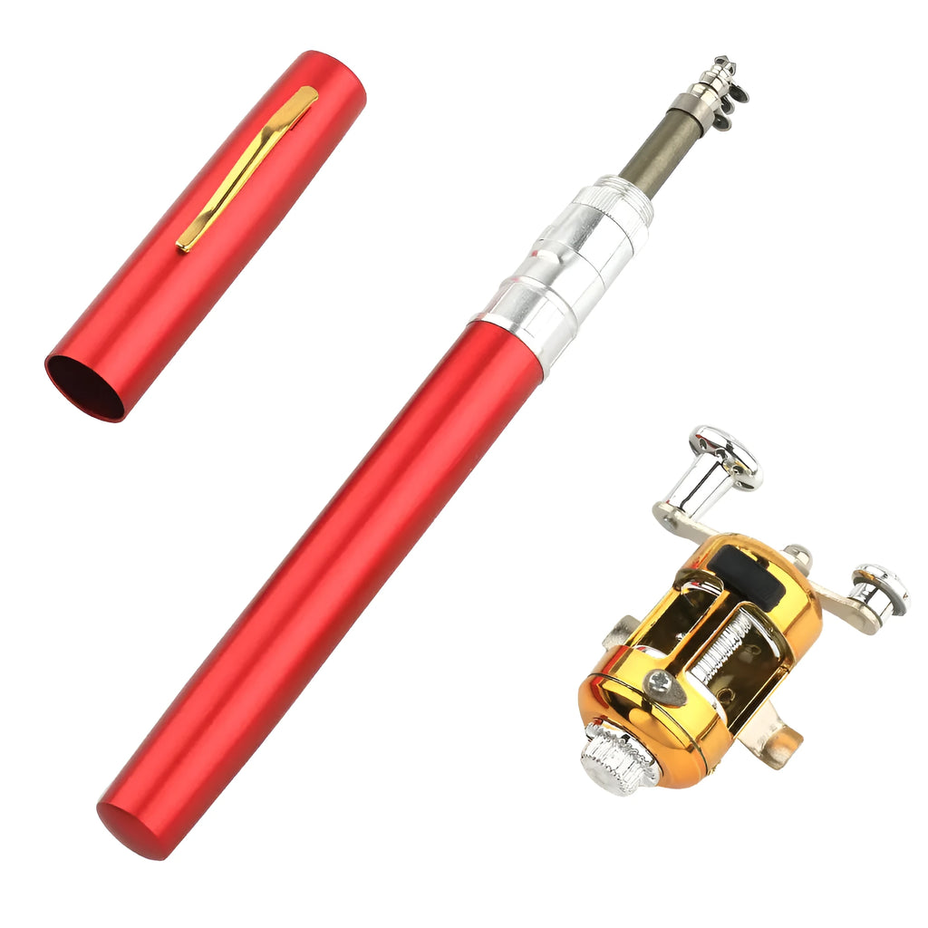Gold telescopic pen fishing rod kit extended to 1m with plastic reel, collapsed into aluminium case.