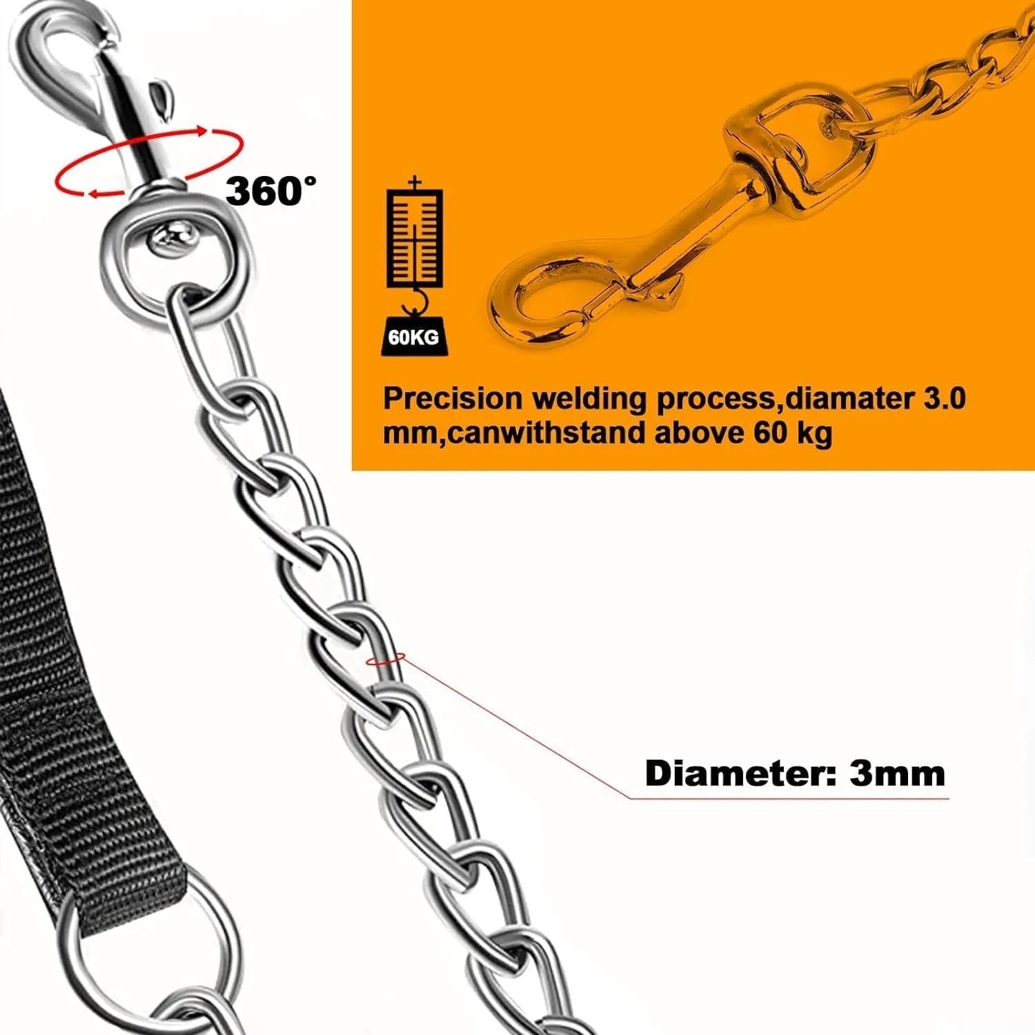 Heavy duty metal dog leash chain with soft black padded handle, shown at full 120cm length.