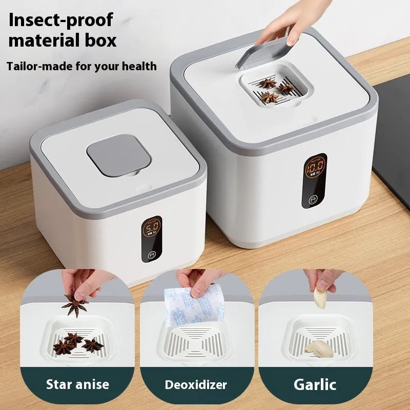 Grey plastic rice storage jar with sealed lid for moisture-proof and insect-proof food protection