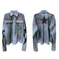 Washed blue striped leisure shirt for men with long sleeves and lapel collar on a hanger