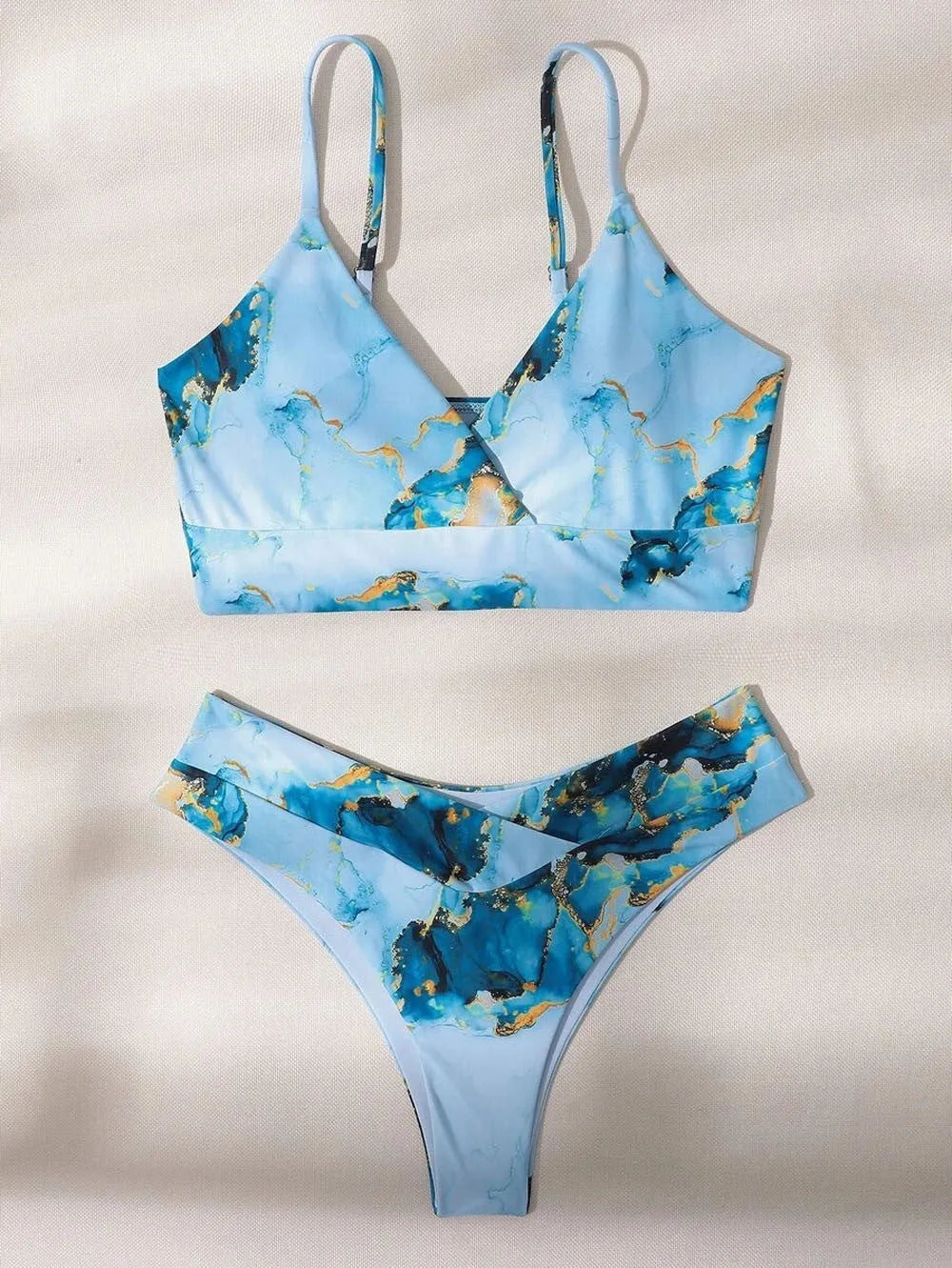 Women's marble tie-dye high-waist bikini set with U-neck top in blue colour variation