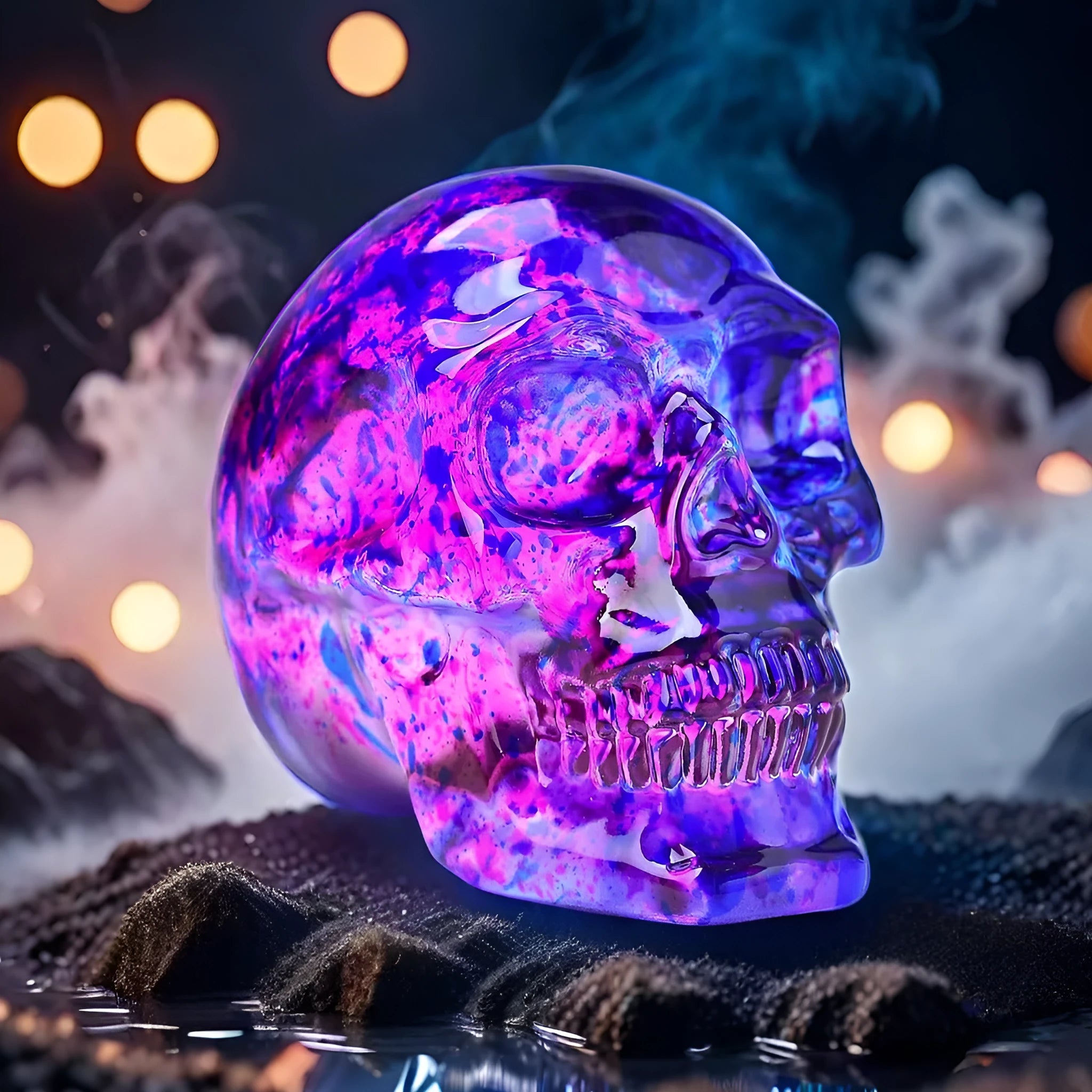 Pink and blue glass floral skull ornament for Halloween or Gothic home décor display