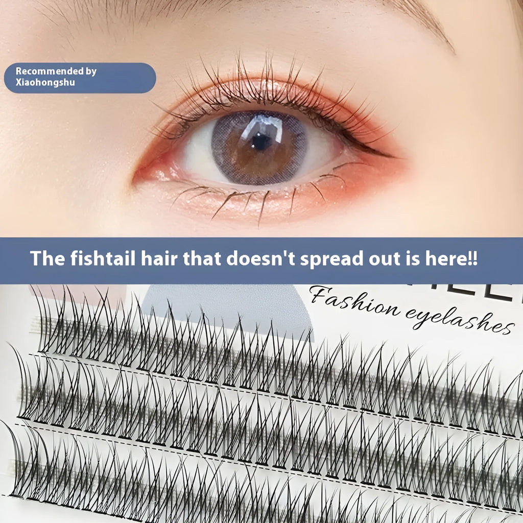 Black V-shaped fairy fishtail false eyelashes showing graduated volume pattern and thick 10mm segment construction
