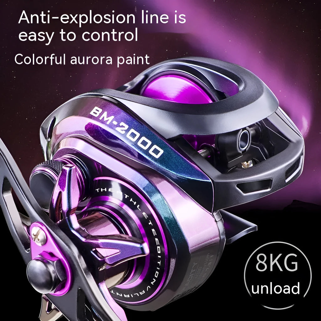 BM2000 water drop shaped spincast fishing reel with magnetic brake, shown in left and right hand versions.