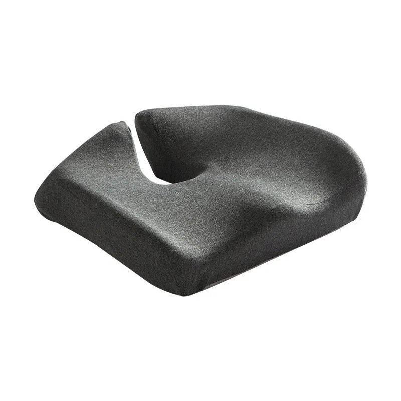 Solid colour memory foam office chair cushion shown in grey, dimensions 36cm by 40cm.
